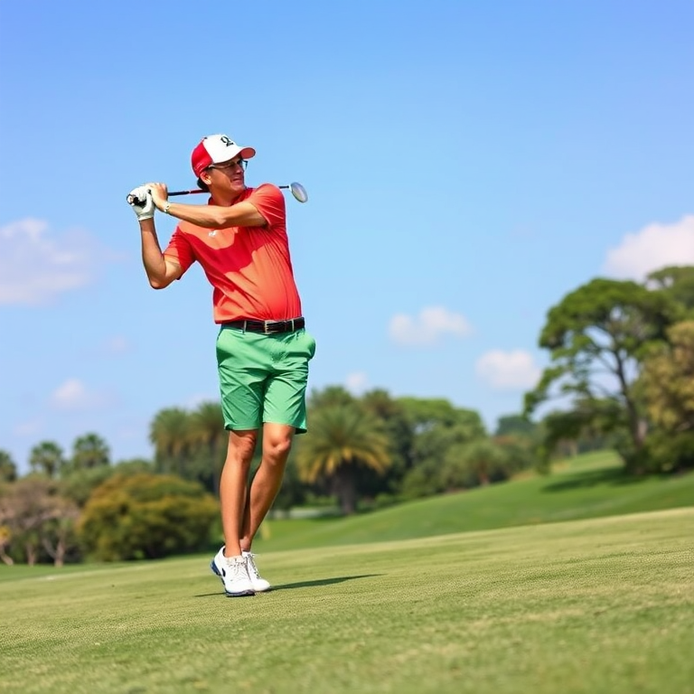 wyndham clark in vibrant golfing attire swinging a club on a lush golf course with dynamic action and clear sky
