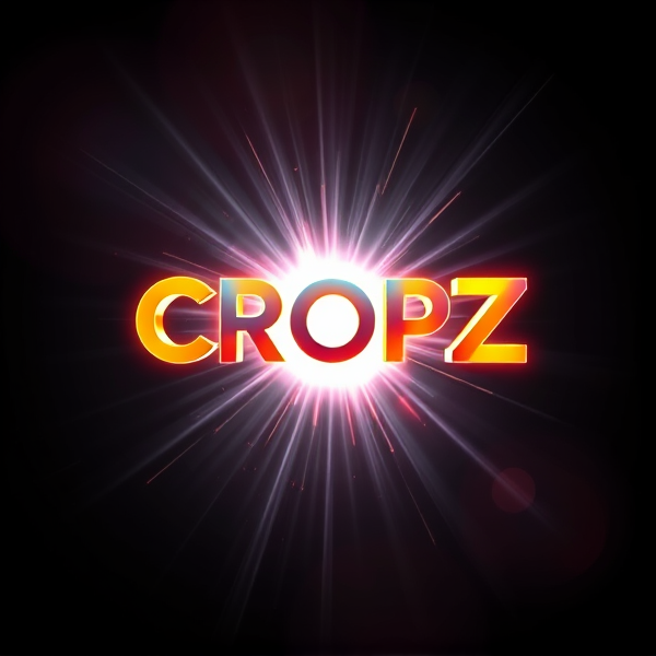 Create a visually arresting 3D logo for "CROPZ" that exudes ultra-modern, sleek design elements with bold sans-serif typography which dynamically bursts forth from a pitch-black background. Infuse the artwork with electrifying light beams inspired by the Capcut app icon's luminosity, casting profound shadows and creating striking highlights across the logo's contours. Incorporate a fusion of cutting-edge curves, crisp edges, and fluid lines to convey both rapidity and elegance. The logo should be enveloped in a metallic skin exhibiting a lustrous, mirror-like finish to dramatically bounce off light, imbuing it with an essence of vigorous motion.

Draw upon Pixar's hallmark of incisive imagery and pronounced geometric shapes, injecting the tableau with a lively color spectrum and polished surfaces for additional depth. Utilize rendering techniques paralleling Unreal Engine's hyper-realism and Octane Renderer's ray tracing capabilities to achieve mesmerizing reflections, alongside V-Ray's sophisticated lighting effects to accentuate the mood.

Strive for an overwhelmingly surreal visual spectacle that flirts with sci-fi elements, deliberately exaggerating every aspect for maximal impact. This creation ought to be perceived as audaciously lavish, overtly eschewing any inclination towards subtlety or minimalism.
