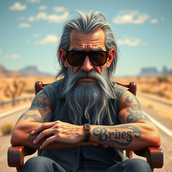 Create a highly detailed 3D rendering of an aged Chicago blues singer with long, unkempt gray hair and a long beard, muscles. Torn clothes like he has been in a fight. Sitting on a rocking chair in the middle of a desert highway.
Tattoo on face like Mike Tyson.
Tattoo letters on each finger that spells the 'Blues'
Peering over the top of aviator sunglasses. Cigarette in hand
Large tattoo on forearm that reads "Gravy Crane"
