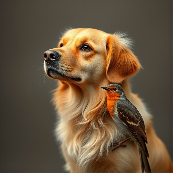 animal with the head of a golden retriever and the body of a robin bird