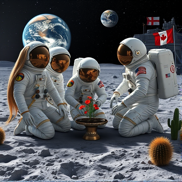 Trois astronautes donc une extraterrestre à cheveux long dépassant du casque  ,vêtus de combinaisons spatiales  blanches et or et perlées, avec des détails finement ouvragés et des accents chromés brillants, portent des écussons distinctifs sur leurs uniformes. Ils s'agenouillent sur le sol lunaire gris texturé, entourés par des reflets miroitants dus à la surface réfléchissante de leurs équipements. Un extraterrestre géant amical à la peau iridescente se tient à leurs côtés, captant les étincelles stellaires du cosmos. L'un des astronautes se consacre minutieusement à planter des graines de pavot dans un substrat riche au sein d'un biodôme lunaire transparent avec système hydroponique avancé et éclairage artificiel simulant le spectre solaire pour la photosynthèse terrestre. Les visières volumineuses et réfléchissantes des casques d'astronautes montrent le paysage lunaire avec précision tandis que les gants tactiles manœuvrent divers outils spécialisés. En arrière-plan, un module lunaire stylisé arbore l'emblème du Québec, alors que la Terre flotte majestueusement avec des teintes naturelles en toile de fond. Des instruments scientifiques hautement précis parsement le site: capteurs environnementaux, moniteurs de croissance végétale dotés d'intelligence artificielle et panneaux solaires flexibles. Un fanion du Manchester City Football Club est placé non loin du module habitable comme symbole du lien entre sport et sciences spatiales. Le relief accidenté présente cratères marqués et monticules lunaires contrastant avec les infrastructures humaines sur ce territoire extraterrestre. Une lumière douce et diffuse baigne cette scène sous un ciel nocturne étoilé où constellations sont dessinées avec exactitude dans un gradient allant du noir profond au bleu outremer vibrant. Près du biodôme flotte un drapeau acadien tandis qu’un vaisseau spatial extraterrestre est visible aux côtés d'autres créatures venues d'ailleurs accompagnées d'un drone technologiquement avancé; tous sont rassemblés près du site où flotte également un fanion représentatif de la province de Québec, sans oublier plusieurs cactus lunaires autour ajoutant une touche organique à cette colonie cosmique accueillante
