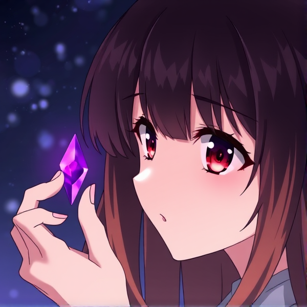 Girl with long brown hair, red eyes,  looking at a small purple crystal anime style
