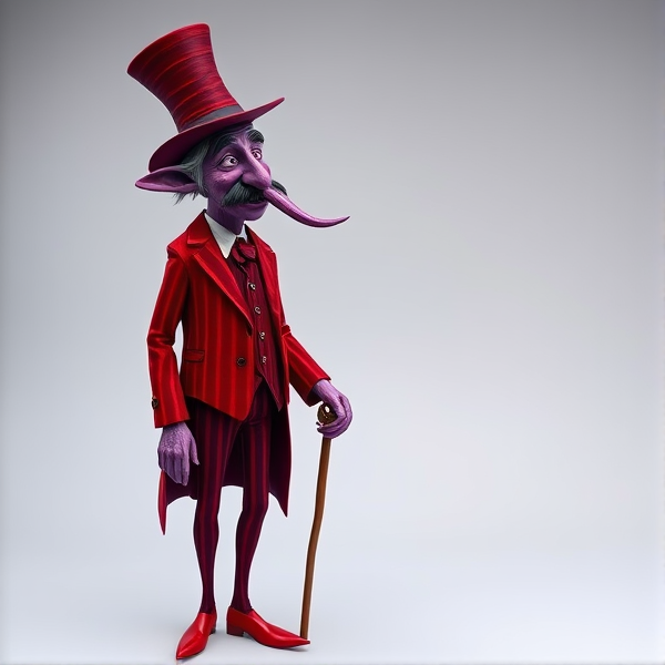A dreamy elder man figure with purple skin, a dark squiggly mustache, long pointy skinny nose, and a striped red velvet suit with a cane and a a top hat to match his suit and he’s tall and skinny. Pointy red dress boots long legs