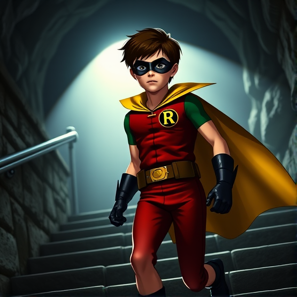 Movie Scene: A medium, preteen 12-year old boy with light skin and dark brown hair named Connor Bardley, but dressed as Robin, The Boy Wonder, with an extremely muscular body, a sleek green suit with a red torso with a black circle with a yellow R symbol on his left pectoral, a gold utility belt, black boots, black long-cuffed gloves, a big, heel-length, ultra-wide collared cape that's black on the outside and yellow on the inside, and a black eye mask, walking down the stone stairs to enter the Bat Cave, where he meets Batman for the first time and hopes to team up with him.