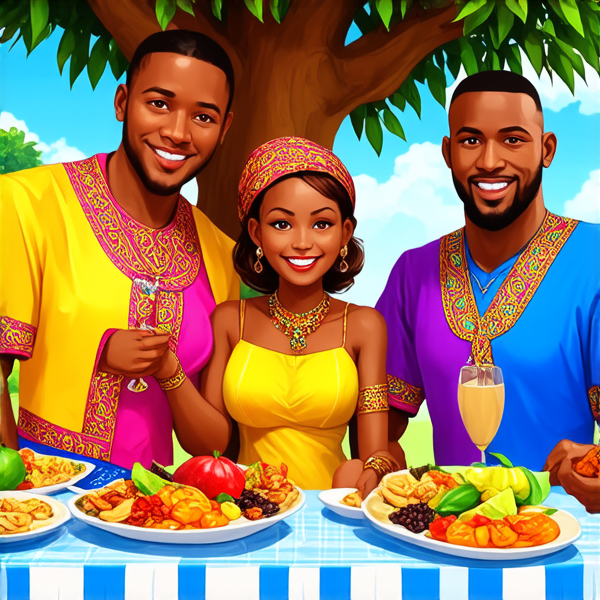 prompt: Un grand repas de famille traditionnel en plein air sous un baobab en Afrique, avec des plats locaux colorés et variés, des fruits exotiques, une grande nappe colorée, des hommes et femmes africains vêtus de tenues traditionnelles multicolores souriants et partageant un moment convivial