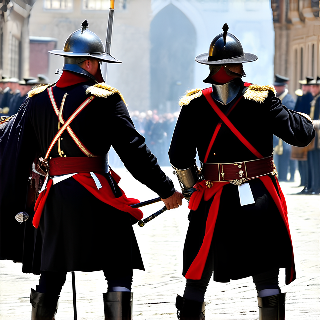 Bataille religieux entre soldats en collerettes et chapeaux ,. Casques ,Mousquetaires ,  Chevaliers, 17 ème siècle, baroque , dans une ville médiévale