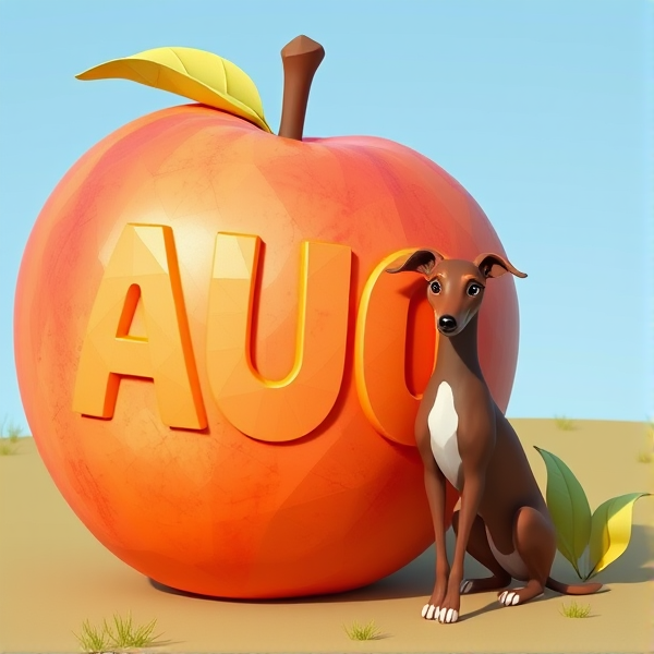 Big ripe peach in the landscape with the letters "AUO" carved out. with a sleek brown Italian greyhound perched alongside, set against a clear blue sky.