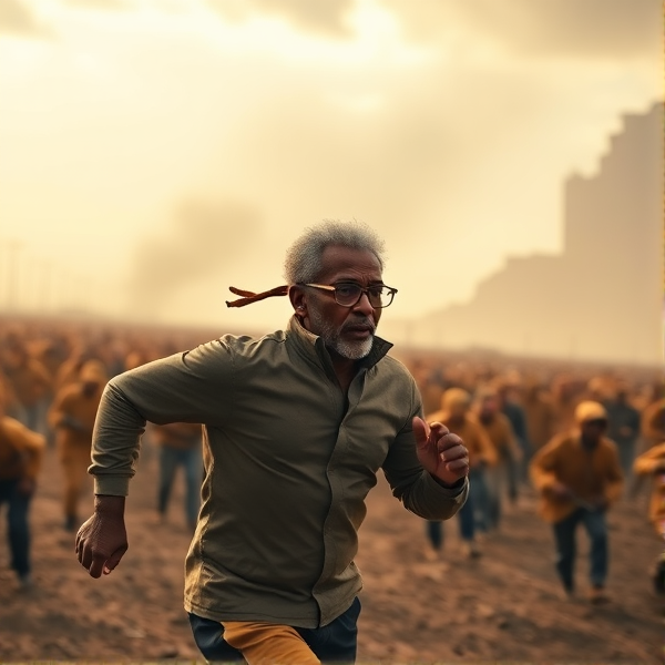An older African man with no facial hair wearing square framed glasses running left to right like Naruto during the biblical apocalypse with his arms back