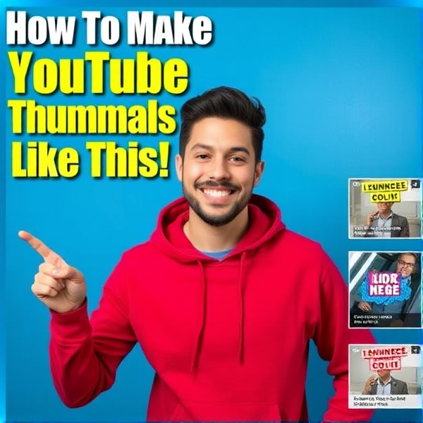 Create an engaging and vibrant thumbnail for a YouTube tutorial on making thumbnails. The central figure should be a smiling person in a red hoodie, pointing confidently to smaller thumbnail examples on the right. Use a bright blue background with gradient effects to draw attention. Add bold, large text on the left that says "How to Make YouTube Thumbnails Like This" in white and yellow. Ensure the smaller thumbnail examples have vibrant colors and clear, catchy text to illustrate successful designs.