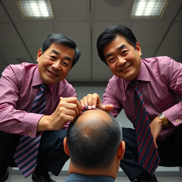 2 Hommes d affaire senior japonais accroupis avec longue cravate rayée bleuté et rouge    , il regarde la caméra et domine en piquant avec une seringue sa tête hors champ de vision 
Vue contre plongée
Chemises rose foncée 
Sourire léger