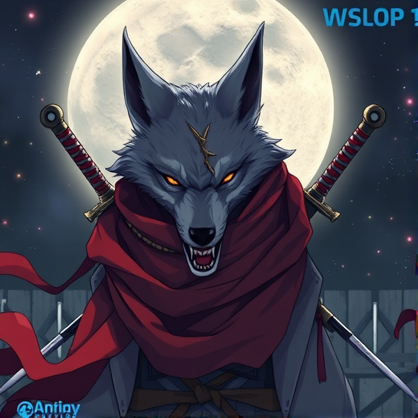 Loup roublard maitre de la lune avec un foulard rouge autours du cou et avec deux épées dans le dos
