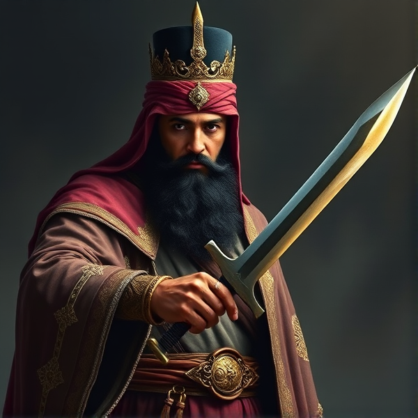 Generate me an image of imam ali holding his 2 pointed sword