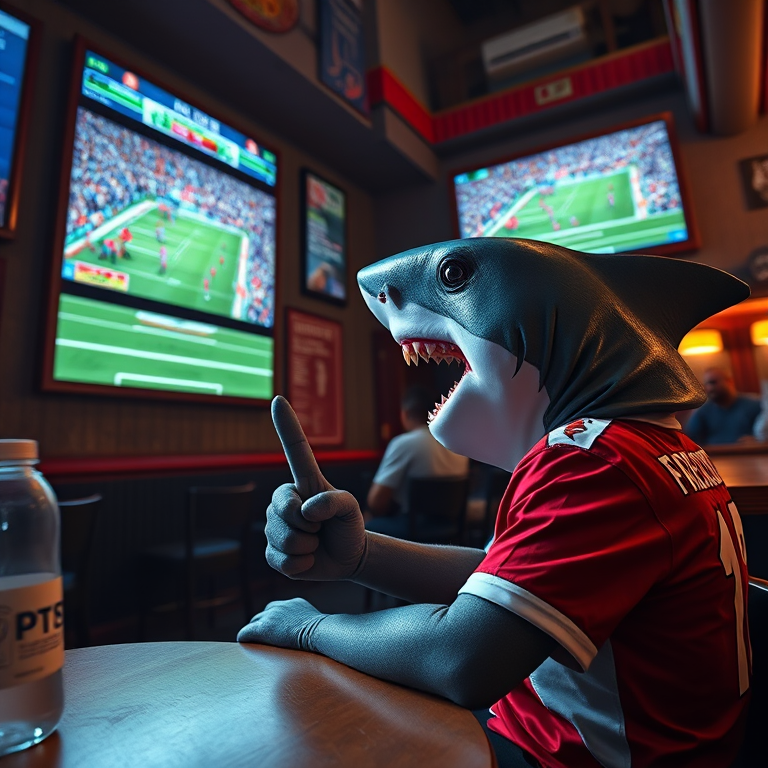 An anthropomorphic shark in a sports bar, intently watching an intense football match on a large screen TV, wearing a team jersey and holding a foam finger