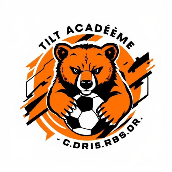 Conception d'un logo dynamique et audacieux pour Tilt Académie, club de football. Au centre, un ourson grizzly dessiné avec une grande précision et finesse artistique, symbolisant la force et la détermination. Autour de lui, des motifs graphiques abstraits suggèrent le mouvement rapide et l'enthousiasme pour le sport : lignes sinueuses évoquant la vitesse et formes géométriques pleines d'énergie. La palette se compose principalement d'orange vif et de noir profond pour un contraste saisissant. Le design global est distinctif, capturant l'esprit du jeu compétitif avec un ourson grizzly qui semble prêt à bondir dans l'action. "Tilt Académie" est incorporé harmonieusement autour du motif central avec une typographie moderne et impactante. Un ballon de football est adroitement intégré au design pour renforcer l'identité footballistique du logo. L'esthétique générale doit fusionner tradition et innovation, convenant parfaitement à un emblème de club sportif.Un logo rond