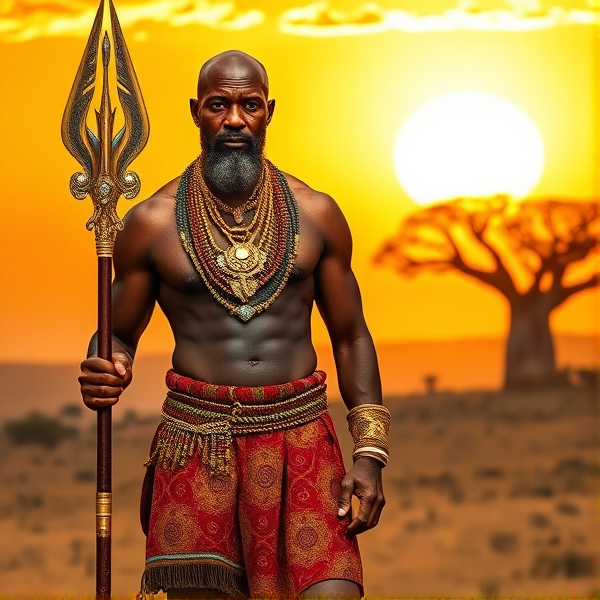 A majestic African warrior with light skin tone, shining bald head adorned with ceremonial gold leaf patterns, and a long, elaborately braided beard interwoven with small precious stones. He is dressed in opulent traditional tribal attire that consists of a vibrant red and gold patterned kente cloth draped over one shoulder, a matching loincloth, and intricate beadwork necklaces cascading across his broad chest. His muscular stature is accentuated by golden arm bands and leather wrist guards. The warrior stands tall atop a sun-kissed savannah hill, poised confidently with one leg slightly forward, as he grips a lavishly diamond-encrusted spear whose shaft is carved from rare ebony wood; the spearhead gleams in the sunlight reflecting his high status. His intense gaze pierces the horizon, embodying the spirit of his ancestors. In the background, an ancient baobab tree can be seen silhouetted against a breathtaking orange sunset sky.