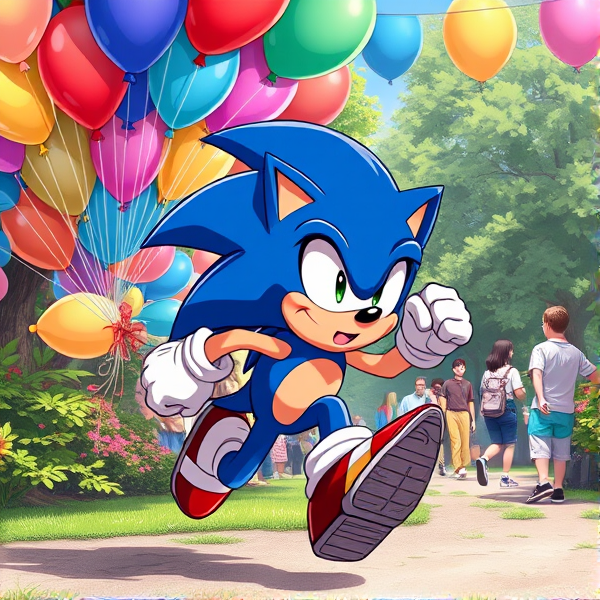 Sonic the Hedgehog captured mid-stride in a dynamic running pose, gripping a vivid collection of assorted balloons 450 each measuring 16 inches, amid a bustling park filled with activity and greenery, all illustrated in a richly saturated anime art style
