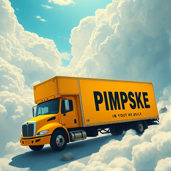In heaven, all yellow moving truck that says the word "PIMPSKE" ON THE SIDE of trailer, black driver waving out window, truck is driving into heaven