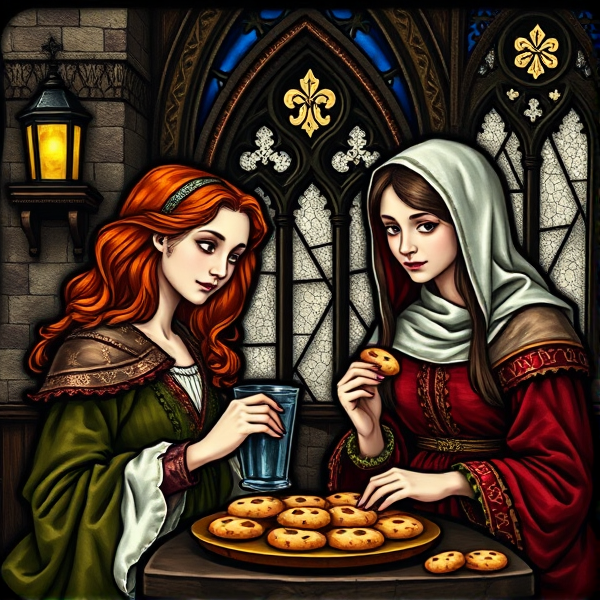 Medieval stained glass of a  Red haired young teenage Arthurian princess and a brown haired servant girl eating martinmas cookies at a medieval tavern