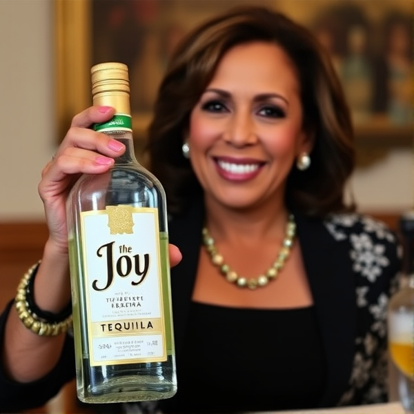 Kamala Harris holding a bottle of "Joy" tequila
