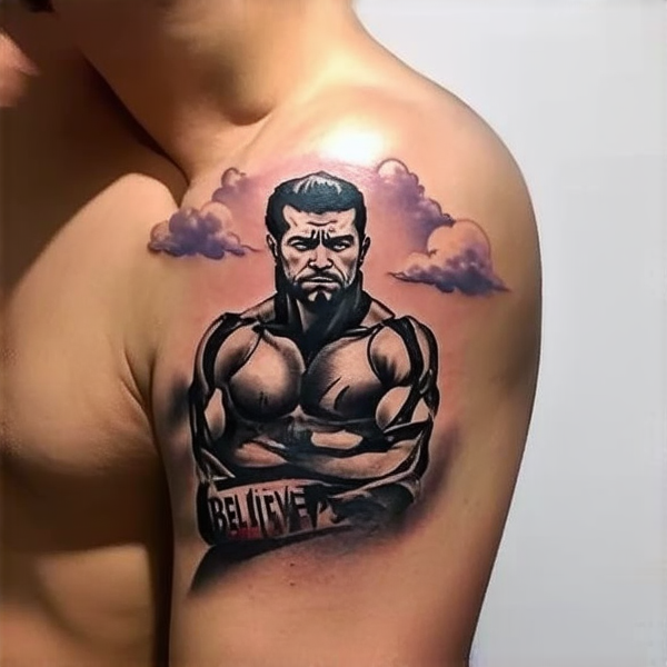 tatouage Sur epaule main Avec bandage boxeur Avec un guerrier en dessous et Les mot believe faith et confidence inséré Avec des ombres nuages
