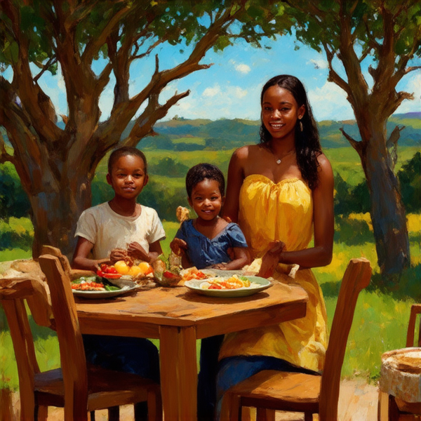 Famille nombreuse souriante réunie autour d'une table rustique en bois garnie de plats traditionnels africains, sous un ciel bleu dans un cadre champêtre avec des arbres et une végétation luxuriante, portant des vêtements africains colorés et variés, échangeant des rires et des conversations chaleureuses