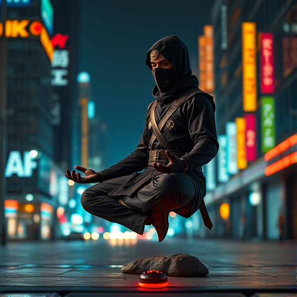 Ninja meditating levitating just above the ground at night