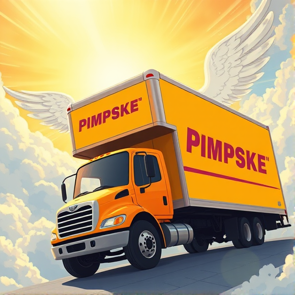 In heaven, all yellow moving truck that says the word "PIMPSKE" ON THE SIDE of trailer, black driver waving out window, truck is driving into heaven