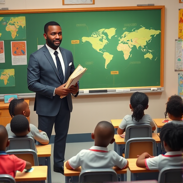 Directeur d'école afro-américain debout tenant un classeur dans ses mains portant un costume formel, dans une salle de classe avec un tableau vert, s'adressant  à un groupe d'élèves afro-américaines attentives de huit ans assises à leurs pupitres. Ils sont entourés de matériel pédagogique adapté à leur âge, comme des cartes géographiques, des affiches éducatives et des dessins d'enfants accrochés aux murs. La scène dégage une atmosphère chaleureuse et encourageante.