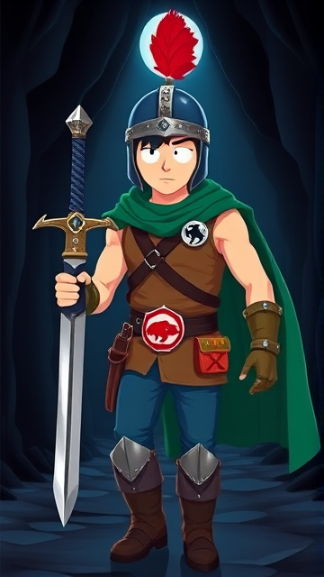 Stan Marsh from South Park, light skin and black hair, but as a 14-Year Old teenager with an extremely muscular torso, dressed as a medieval knighted warrior with a light brown tank top, a black belt with a red buckle adorned with a castle emblem, with a few pouches and the scabbard for his sword attached to it, blue jeans, steel armored boots, jeweled wrist cuffs, a big green cape, and a blue helmet with one silhouetted buffalo head emblem on both sides, outlined by silver steel rims lined around and across the top, with a long red feather sticking out at the top, now known as Sir Marsh. Despite still being a teenage kid, he is the Youngest Commander of the Zaronian Army, and one of the youngest and greatest heroes hailing from South Park, Colorado, but now reborn as the real life Kingdom of Kupa Keep, Zaron. His weapon is the legendary enchanted sword called the Slashing Blade Of The Ranger, which he swings with pride as he slashes his enemies down to size. He is currently walking through a dark cavern, on a quest to find a mysterious enchanted artifact.