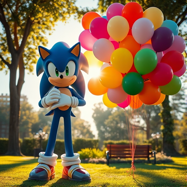 At the sunny day park Sonic standing pose clench helium gas cylinder tank then stand big bunch of many colorful 16 inch balloons 450 each