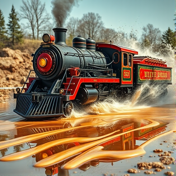 Super pimped muscle train driving through a puddle of gravy and creating splash mess