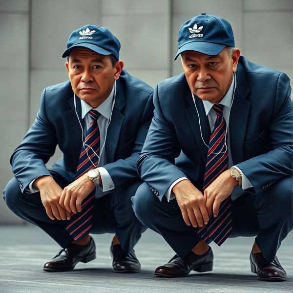 Deux  différents hommes d'affaires japonais puissants mature  accroupis et faché  portant des casquettes Adidas  et des cravates rayées longues  bleue rouge et oreillettes Apple 
Ils sont complices et conquérants , ils dominent 
 , accroupis pas trop et regard fort