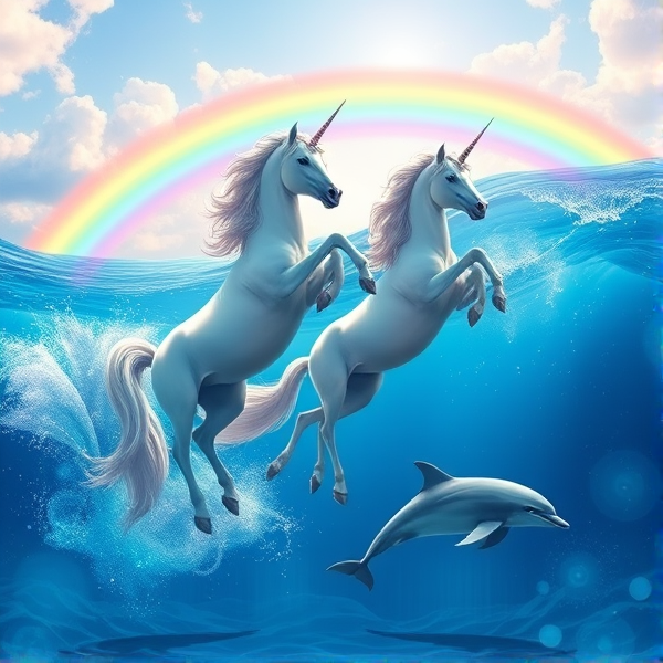 *In a bright and colourful background there are beautiful magical unicorns jumping around and dolphins jumping in the ocean, it also has a rainbow in the sky, artgerm, artstation, full body view, cinematic and smooth lighting*