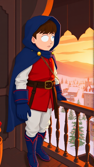 Clyde Donovan from South Park, light skin and brown hair, but as a 14-Year Old, dressed as a medieval prince with a red shirt with white sleeves, a black belt with a gold buckle, white pants, blue boots, blue long-cuffed gloves, and wreathed in a big, ankle-length blue hooded cape, now known as Prince Donovan. Despite still being a kid, he is the Youngest Ruler of South Park, Colorado, but now reborn as the real life Kingdom of Kupa Keep, Zaron, and Prince Donovan is its youngest and greatest hero. The young teenage prince of Kupa Keep is currently standing on his bedroom balcony in his new home of Kupa Keep Castle, looking at the amazing view of his newfound kingdom that was once the small mountain town he knew before.