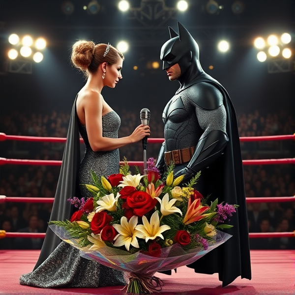Une femme raffinée en robe de soirée pailletée et élégamment coiffée d'un chignon sophistiqué se tient aux côtés de Batman, vêtu de son costume iconique noir et gris. Sa cape flotte doucement derrière lui. Ensemble, ils font face à un microphone vintage sur pied au centre d'un ring de boxe professionnel brillamment illuminé par des spots intenses. À leurs pieds, un bouquet opulent avec des roses écarlates, des lys blancs purs et une variété de fleurs tropicales colorées trône, enveloppé dans du papier cellophane irisé attaché par un ruban chic. Le ring est délimité par les cordes tendues et les poteaux rembourrés caractéristiques, tandis qu'une foule en arrière-plan, rendue avec un léger flou artistique pour suggérer son excitation sans détourner l'attention du sujet principal, attend avec impatience leur discours ou acte de performance.