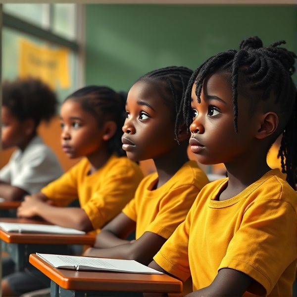 des filles noires avec des tresses africaine et garçons assis dans une classe face au tableau