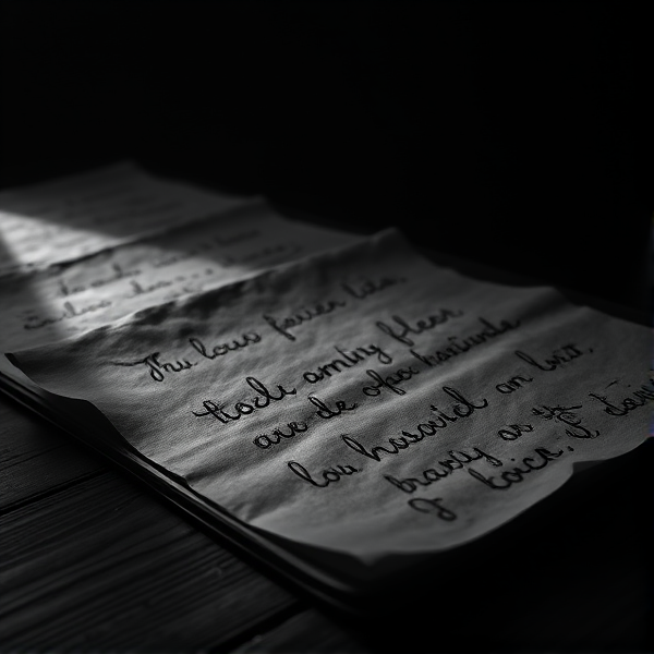 Une feuille épaisse et texturée de couleur sombre repose sur une table en bois ancienne, mise en valeur par un éclairage dramatique d'une lumière blanche provenant du côté, créant un jeu d'ombre et de lumière contrasté. Les traits, ressemblant à une écriture, délicatement inscrits sur la feuille avec une écriture cursive élégante et fine sont illuminés par cette lumière, ressortant clairement contre l'obscurité ambiante. L'ambiance générale de l'image est intime et chaleureuse, malgré le choix du noir et blanc qui renforce l'esthétique vintage et le sentiment de nostalgie.