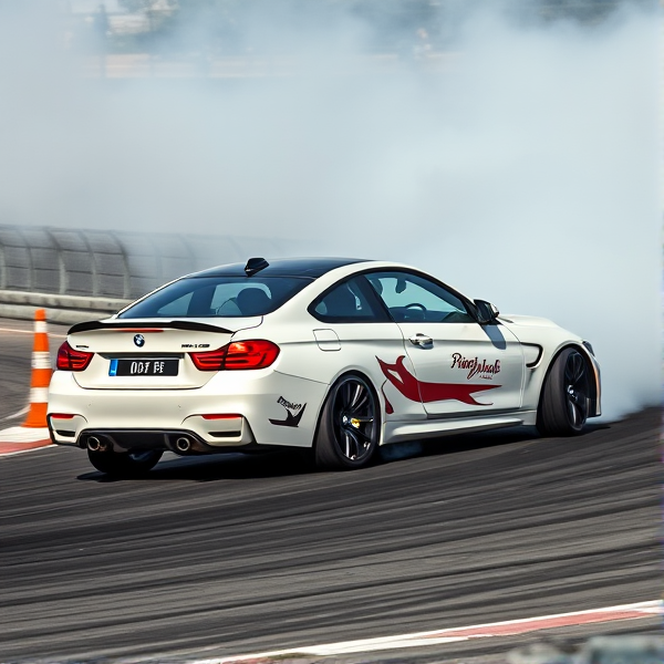 BMW M4 in a dynamic drift on an asphalt track with billowing tire smoke, aggressive stance, high speed action captured, detailed car livery showcasing sponsor logos, racing environment with trackside details like barriers and cones