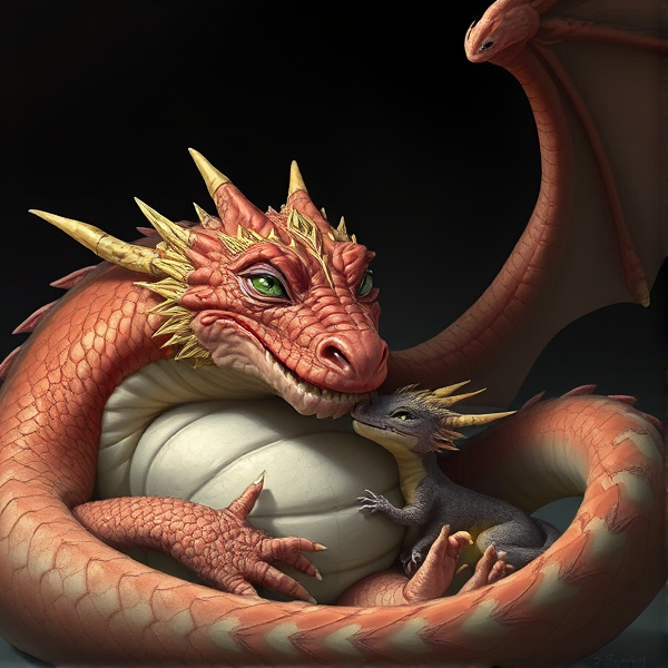 A lazy, fat, blobby mother dragon trying to make its baby dragon fat but the baby is refusing the fatty foods
