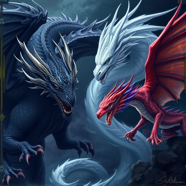 Majecting black and blue dragon, with another majestic white and red dragon, and with a younger dragon, whom is red, blue, purple, black and white