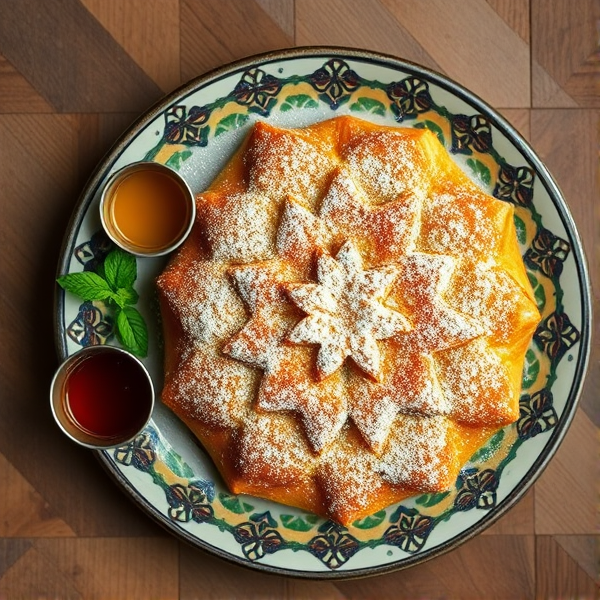 An overhead view of a beautifully presented chicken bastilla on a traditional Moroccan ceramic plate, dusted with powdered sugar and cinnamon in an intricate pattern, with a small bowl of honey and a sprig of fresh mint on the side