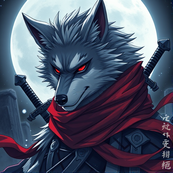 Loup roublard maitre de la lune avec un écharpe rouge autours du cou et avec deux épées dans le dos et il y a les yeux rouges