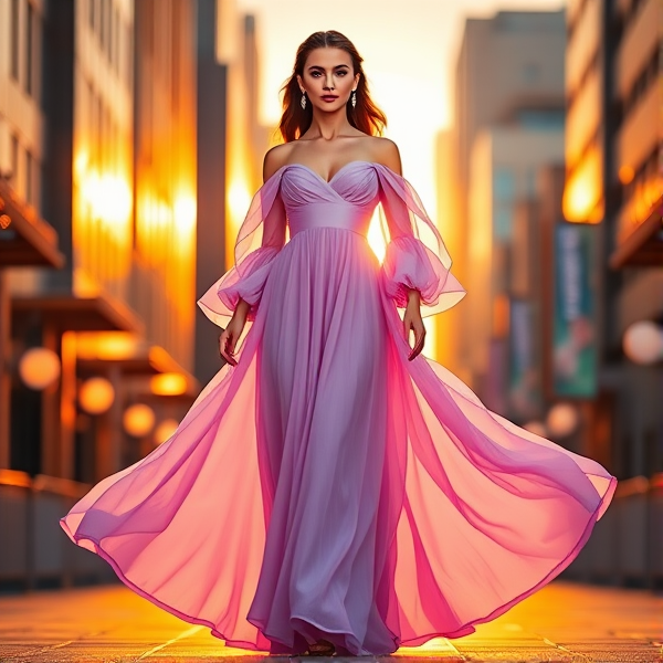 a floor length gown that was a light shade of lilac. The gown itself is flowy and made of light fabric, with a sweetheart neckline and a fitted bodice that hugged the waist and long flowy sleeves that are off the shoulders. The skirts flared out slightly at the hips, creating a gentle A-line shape.