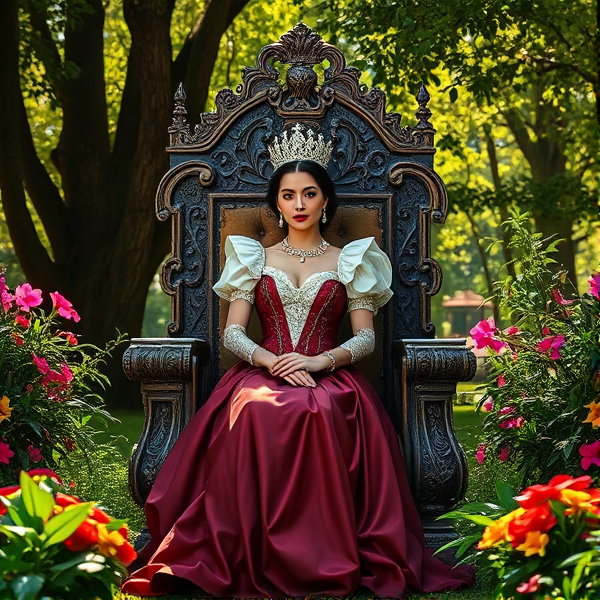 Elegant queen seated on an ornate throne surrounded by lush, vibrant nature, sunlight filtering through the trees