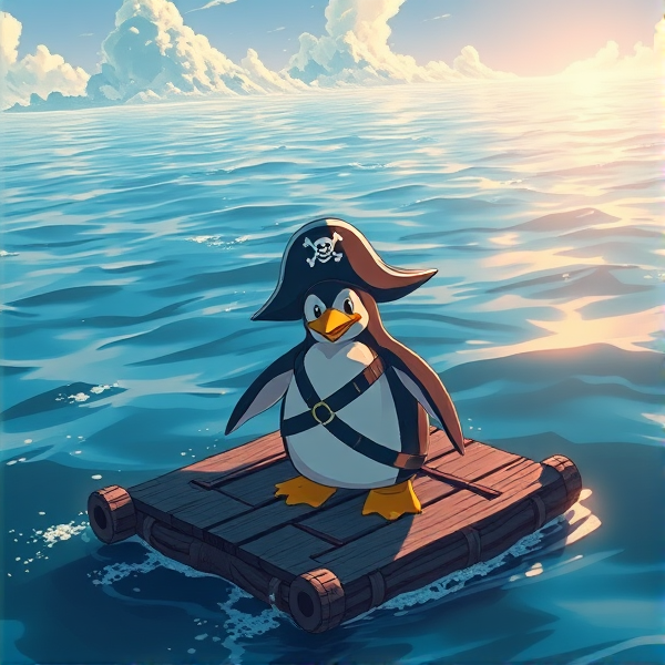 Pingouin pirate sur un radeau dans la mer