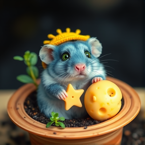 Hamster in a Saturn plant pot with rings with potting soil and other sprouts and blue glittery fur with sage green eyes with a sunshine hat in the solar system holding a star and a moon made of Swiss cheese  in realism