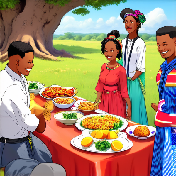prompt: Un grand repas de famille traditionnel en plein air sous un baobab en Afrique, avec des plats locaux colorés et variés, des fruits exotiques, une grande nappe colorée, des hommes et femmes africains vêtus de tenues traditionnelles multicolores souriants et partageant un moment convivial