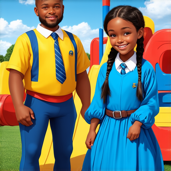 ecoliere africaine de 8 ans, portant des tresses africaines serrées et élaborées, vêtue d'une longue robe bleue, souriante et rayonnante de joie, debout au centre d'une cour de récréation avec des eleves