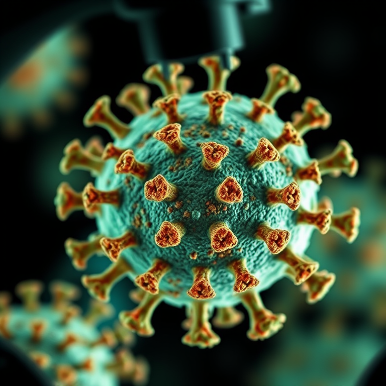 photorealistic depiction of the monkeypox virus under a microscope, highlighting its complex structure and textures with accurate scientific detail