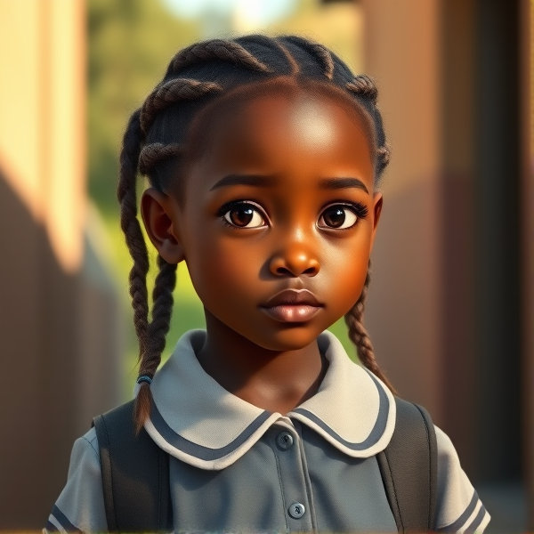 Jeune fille africaine de huit ans avec des tresses traditionnelles, vêtue d'un uniforme scolaire rentrant à la maison